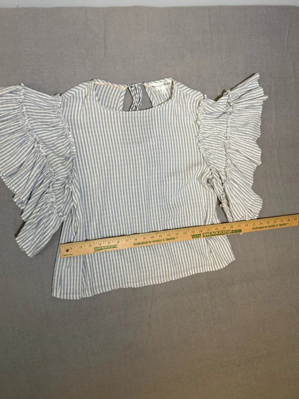 Anthropologie Pilcro Blue Striped Sybil Ruffle Sleeve Open Back Blouse Large - Picture 5 of 11